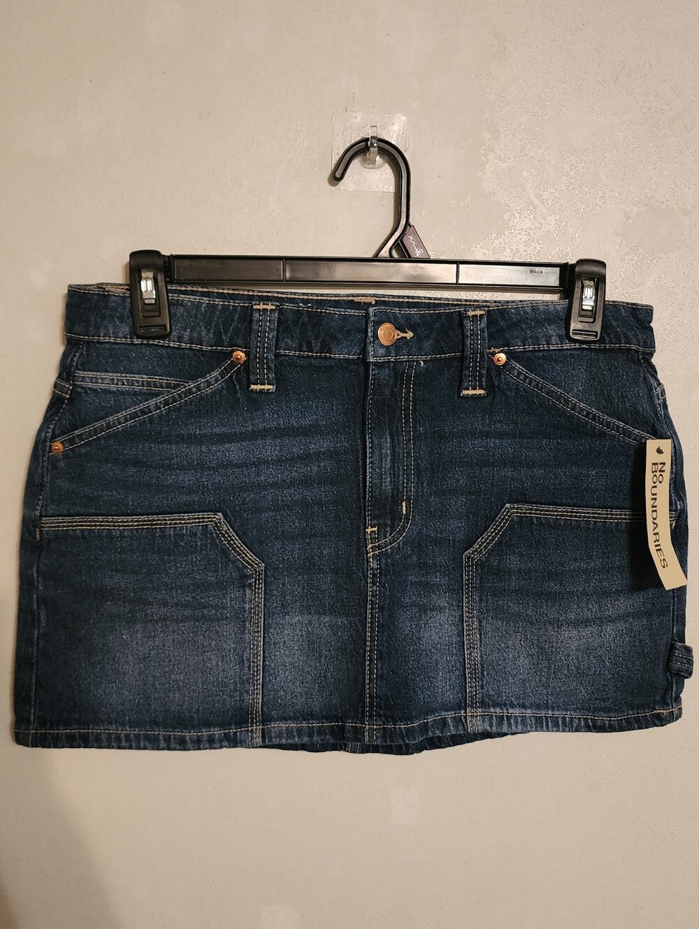 No Boundaries Low Rise Carpenter Micro Mini Denim Skirt Dark Wash Size M NWT